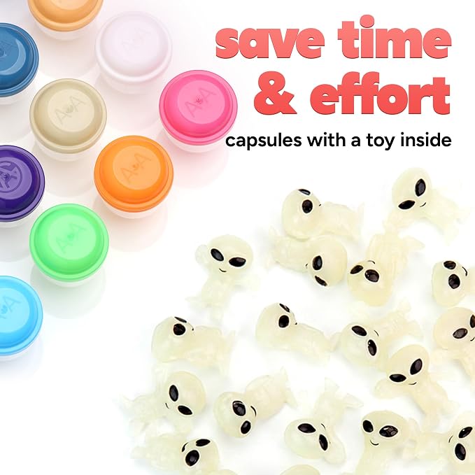 Alien Toys in Capsules - 250 Pcs of 1.1 Inch Plastic Capsules & 1 Inch Glow in the Dark Alien Figurines for Kids - Party Favors - Classroom Prizes - Toys Bulk for Vending Machine Refill