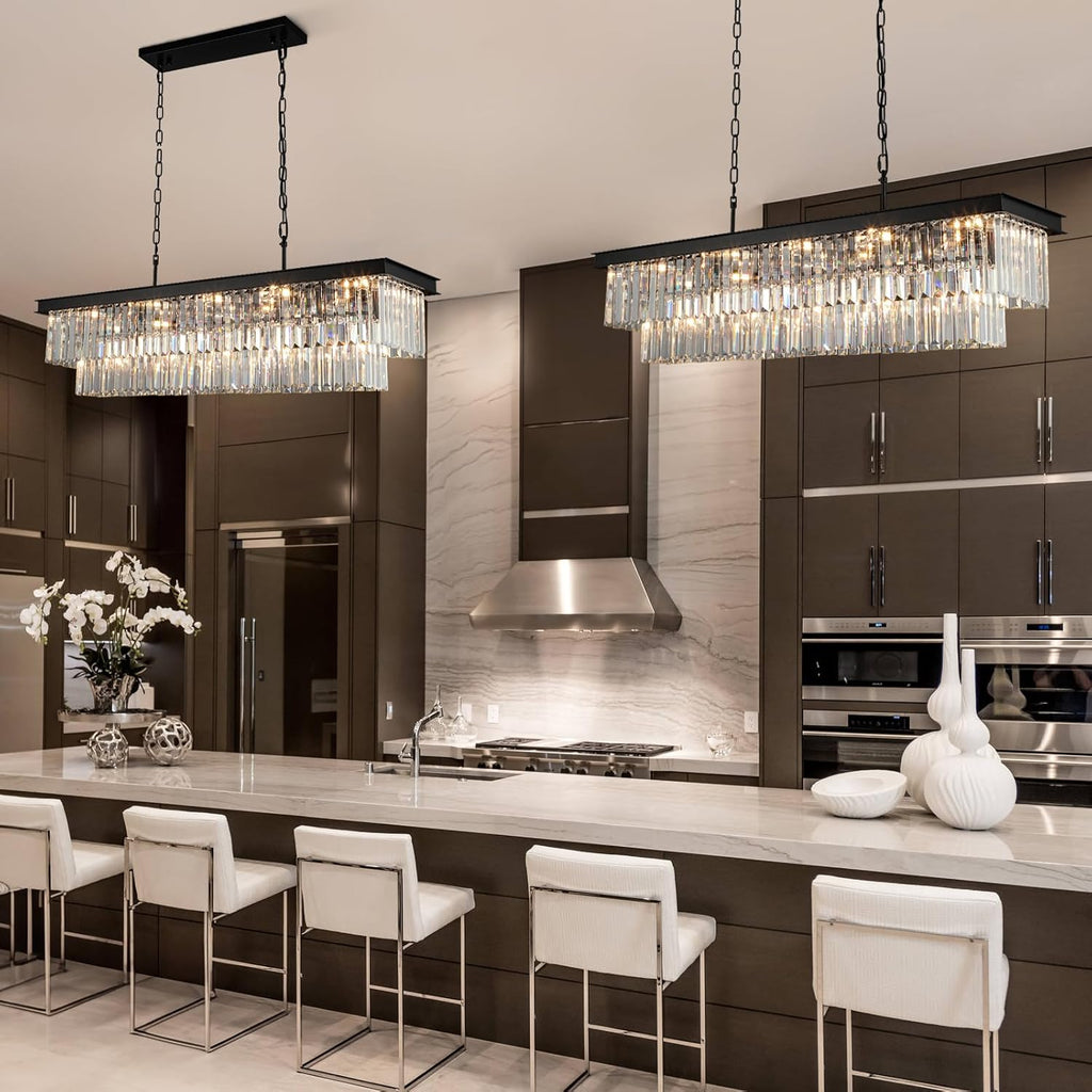 Crystal Chandeliers for Dining Room Light Fixtures Over Table，15-Lights Black Modern Rectangle Chandeliers for Kitchen Island Bar L40 Inch