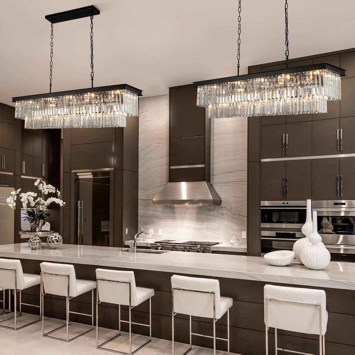 Crystal Chandeliers for Dining Room Light Fixtures Over Table，15-Lights Black Modern Rectangle Chandeliers for Kitchen Island Bar L40 Inch