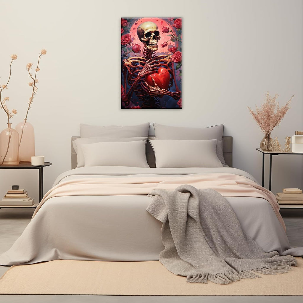 OAAPITI Skull Skeleton Canvas Wall Art Skull Holding Heart Picture Print Romantic Theme Painting Artwork Gothic Poster Wall Decor Living Room Halloween Decor(Artwork-1,20"x30")