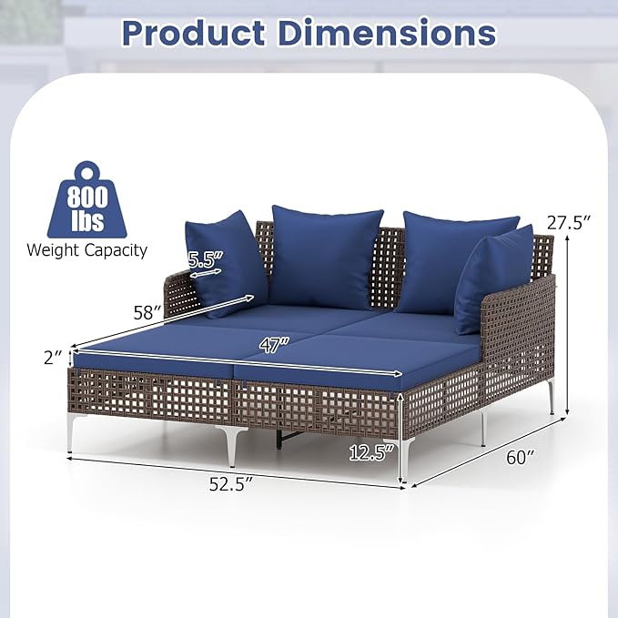 HAPPYGRILL Outdoor Patio Daybed PE Rattan Sunbed with Pillows and Cushions, Heavy-Duty Metal Frame, Outdoor Bed Lounger for Porch, Backyard and Poolside (Navy)