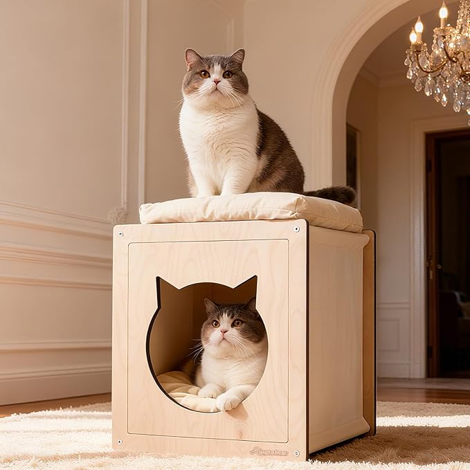 Cat House for Indoor Cats,Wooden Large Cat Bed Cave with 2 Soft Cushion,Warm Cozy Pet Hideaway for Kittens & Big Cats,17.7"x16.9"x19.68" Natural