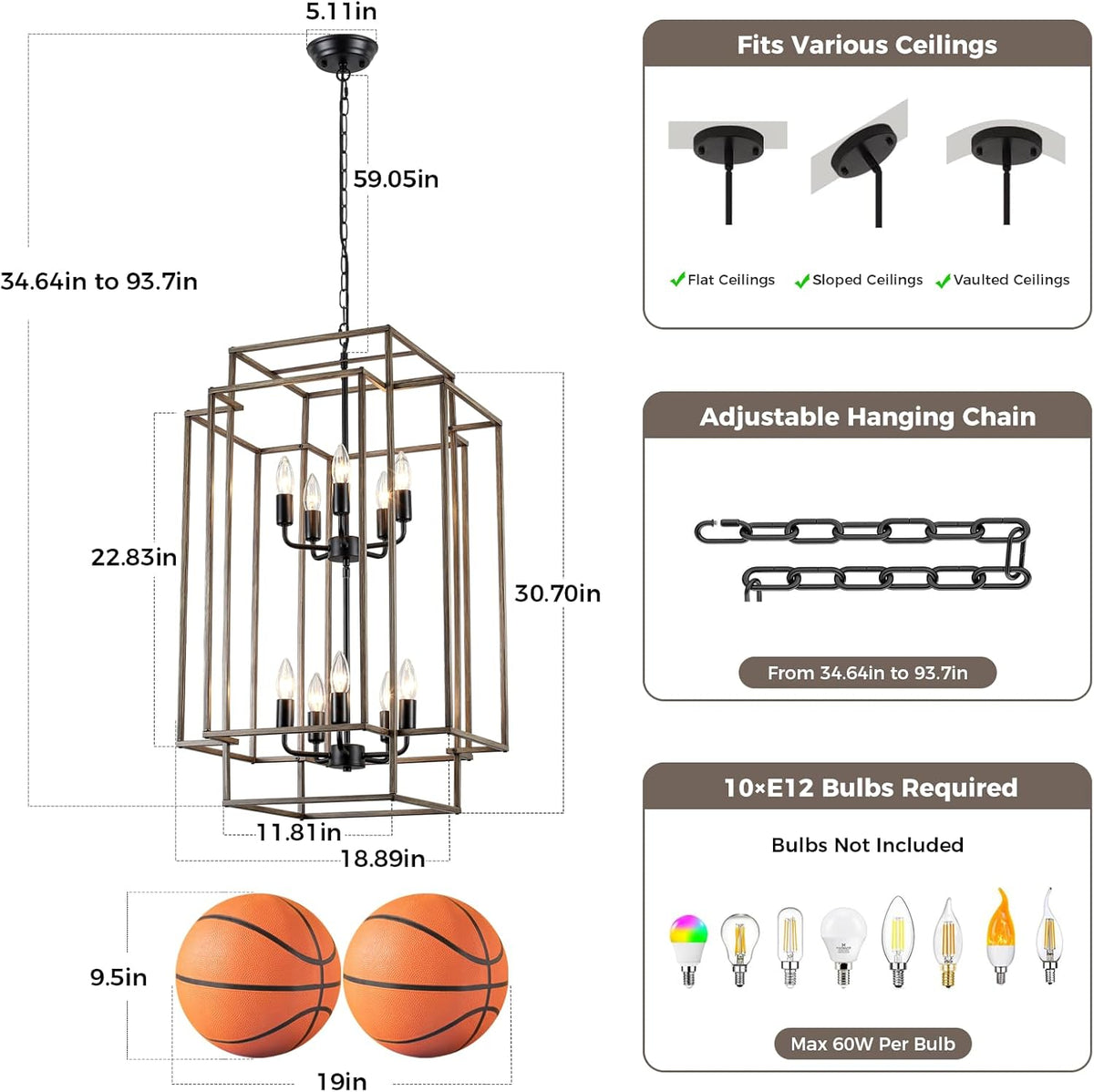 30" Black Farmhouse Chandelier, 10-Light Foyer Lighting Fixtures, Lantern Tiered Pendant Light Fixtures, Metal Wood Grain Finish Rustic High Ceiling Chandelier for Dining Room Entryway Staircase
