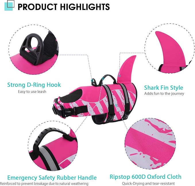 Dog Life Jacket High Flotation, Reflective Dog Life Vest for Swimming, Adjustable Dogs Life Preserver Rescue Handle Spring Summer Pool for Small, Medium, Large Dogs (Pinkwhite,XL)