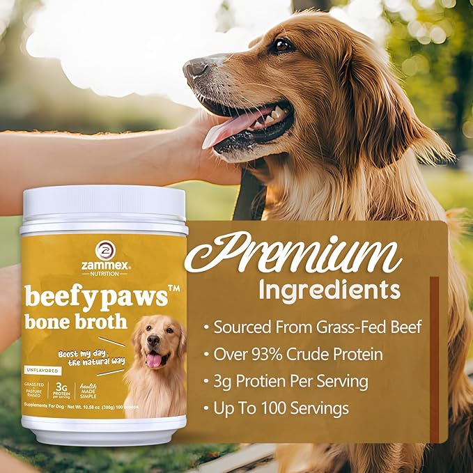 Zammex Grass-Fed Beef Bone Broth Protein Powder for Dogs & Cats - Joint & Bone Support, Healthy Fur Enhancer, Pet Food Topper for Dry & Wet, 10.58oz