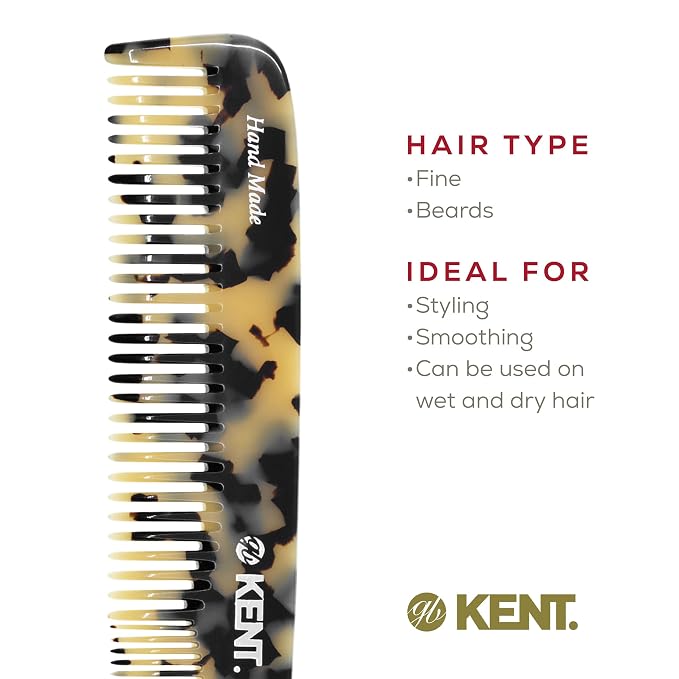 Kent 9T Fine Tooth and Wide Tooth Hair Combs - Large Detangler Handmade Dressing Comb - Wet & Dry Use, Durable Grooming for Women & Men - Made in England (WhiteTokyo)