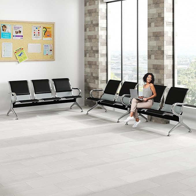 Kinfant 7-Seat Waiting Room Chairs Set - 3 Pieces PU Leather Office Guest Reception Chair Furniture Bench with Armrest for Waiting Area, Airport, Hospital, Bank, Salon, Barbershop, Black