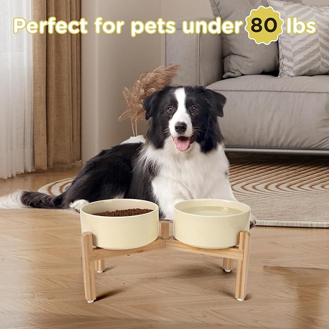 SPUNKYJUNKY Elevated Dog Bowls Ceramic, 7.3'' Dogs Food Water Bowls Raised with Non-Slip Bamboo Stand for Medium to Large Sized Breed Microwave Dishwasher Safe - 42 OZ,Beige