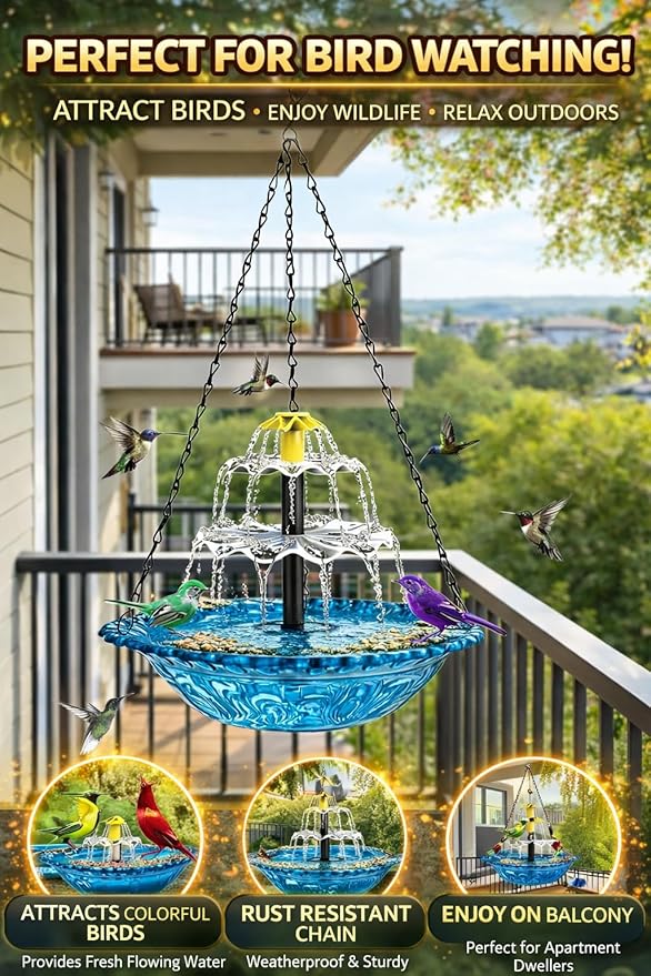 Solar Cascade Hanging Bird Bath Fountain, 2026 New Outdoor Hanging Bird Bath with Solar Fountain, Large Humming Birds Baths Fountains, with Solars Pump & Glass Bowl, for Outdoor, Gardens (#5)