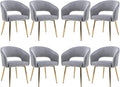 Modern Velvet Dining Chairs Set of 8, Upholstered Gold Dining Room Chairs with Hollow Back and Gold Legs, Accent Armrest Kitchen Chairs for Living Room Reception Grey