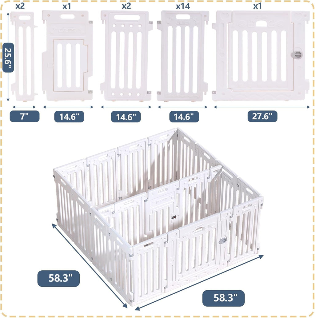 2 Room Dog Playpen with Door,DIY Shape Combination Puppy Pen,16-Panel+2 Link Piece+Large Door+Small Door,25.5" H Dog Fence,Non-Slip&Secure Pet Gate,Easy to Assemble (Two Rooms)
