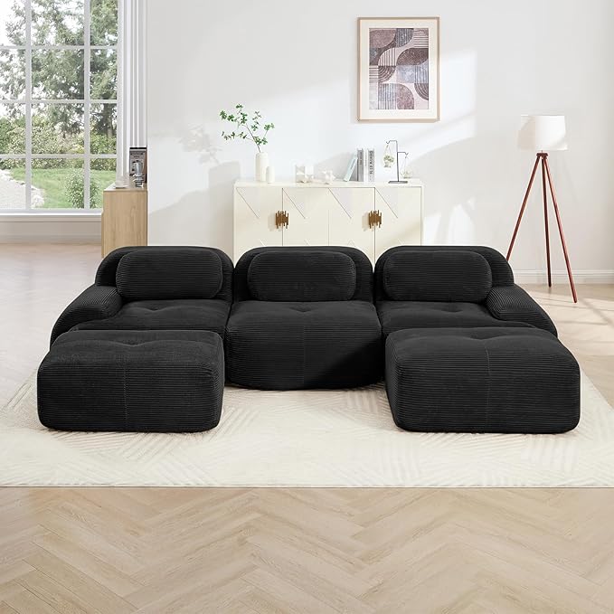 116" Modern Corduroy Cloud Sofa with Ottoman, U Shaped Boneless Modular Large Sectional Couches for Living Room, Black 3 Seater Compressed Memory Foam Couch, Extra Deep Seat, No Assembly