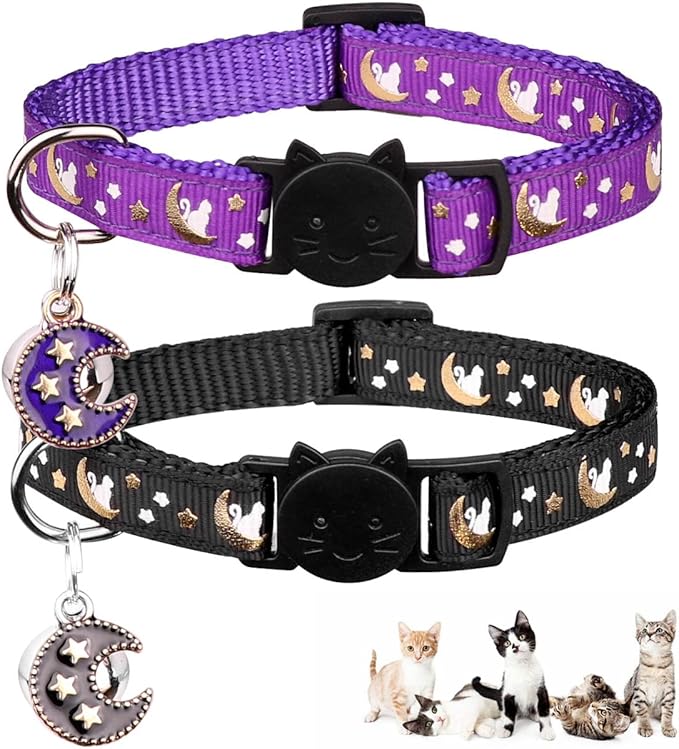 2Pcs Breakaway Cats Collars Cat Collars for Boy Cats Kitten Collars with Bell & Pendant Glow in The Dark,Black+Purple
