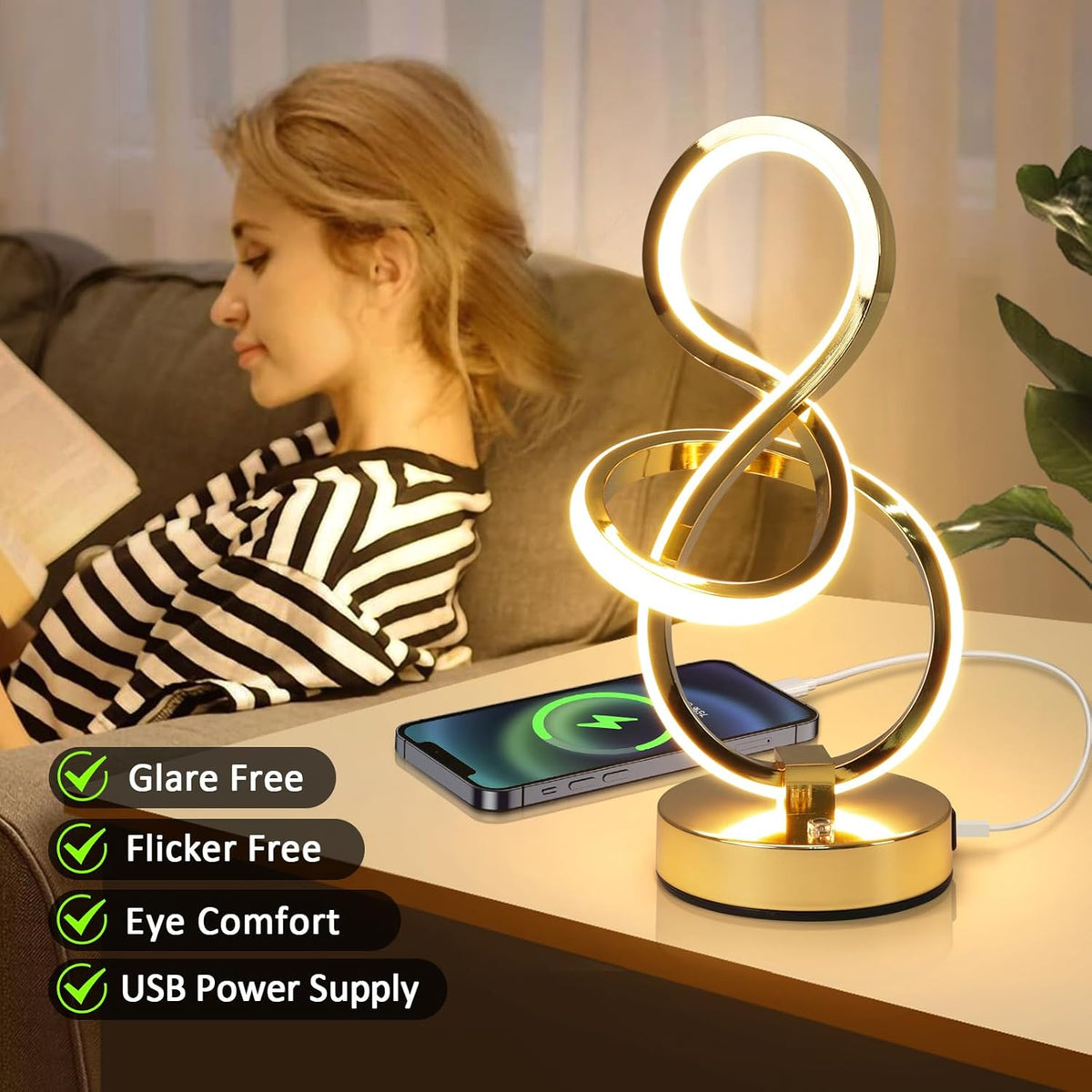 Modern Spiral Table Lamp, 7 Colors 10 Light Modes LED Nightstand Small Lamp with USB C+A Ports, Touch Dimmable Lamps for Living Room Bedroom Bedside, Unique & Cool Lamps,Gold