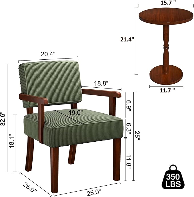 Corduroy Accent Chair Set of 2 with Table, Mid Century Modern Armchairs with Solid Wood Frame, Oversized Reading Leisure Chair for Living Room, Bedroom (Corduroy Green, Set of 2 with Table)