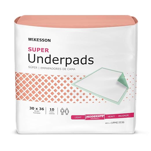 McKesson Super Underpads, Moderate Absorbency, 30 x 36 in, 10 ct | Disposable Chux Pads for Adults, Elderly, and Baby, Pee Pads, Adult Incontinence Bed Pads