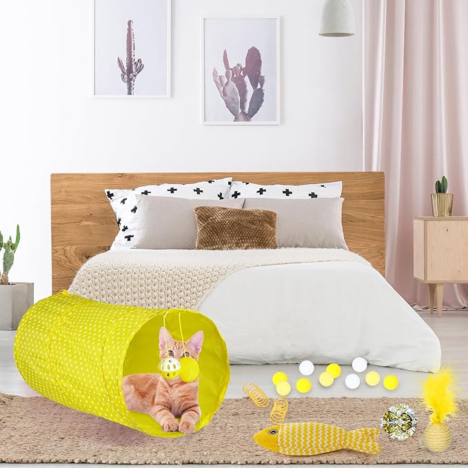 24 Pcs Cat Toys Set Interactive Kitten Toys Pack Including Collapsible Play Tunnel Feather Teaser Wand Fuzzy Ball Springs Pillow Mouse Bells for Indoor Cats Puppy (Yellow,Cute)