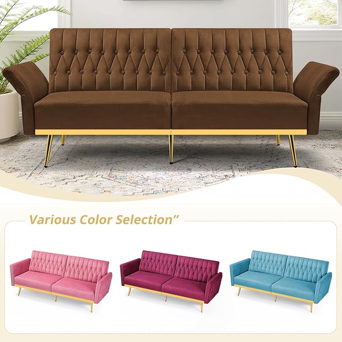 70” Velvet Futon Sofa Bed with 2 Pillows and Adjustable Armrests, Convertible Sleeper Bed W/Adjustable Backrests, Modern Loveseat for Living Room, Bedroom, Brown