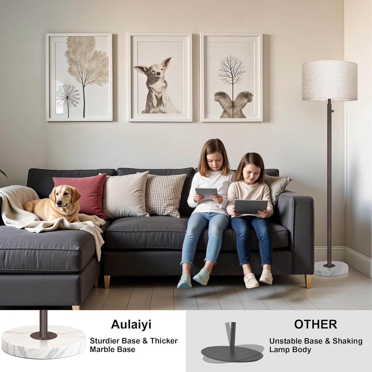Floor Lamp for Living Room,Dimmable Gold Floor Lamp,Modern Standing Lamp with Marble Base,Tall Standing Lamp for Bedroom, Reading,Office & Kids' Room,LED Bulb Included(Brown)