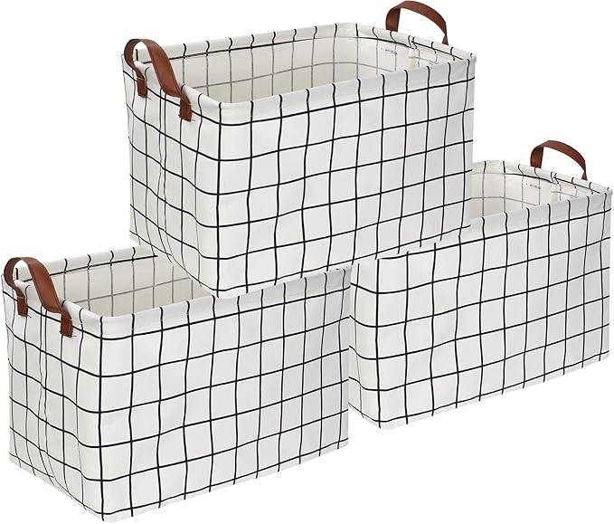 CLOCOR Rectangular Storage Basket, Collapsible Cute Pattern Storage Bin, Waterproof Coating Storage Box with Handles for Home Organization, Gift Basket (3 pack White checks)