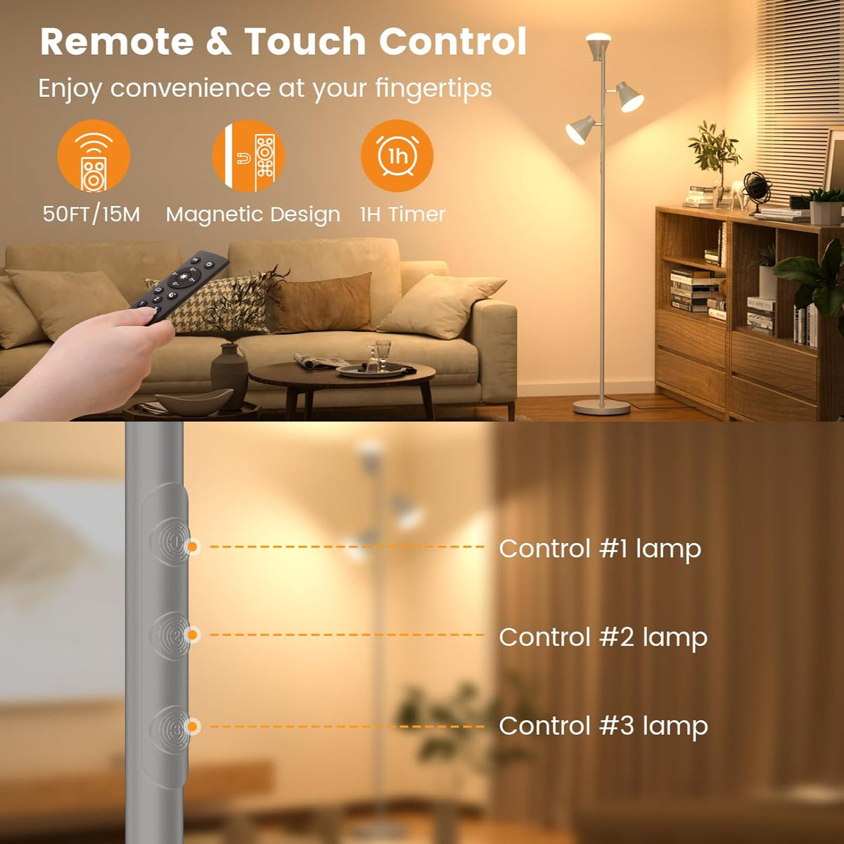36W LED Tree Floor Lamp, Dimmable Tall Standing Lamp with Remote & Touch Control, 4 Color Temperatures Bright Floor Lamp, 3 Rotatable Light Modern Floor Lamps (Silver Gray)