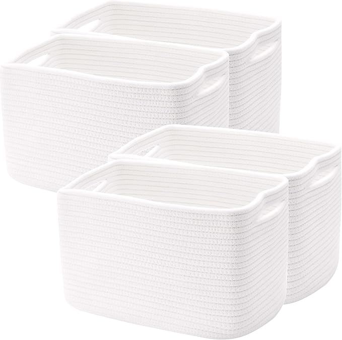 Set of 4 White Rope Basket for Shelves Woven Rectangle Storage Basket Bins for Nursery Toy Storage for Baby Girl