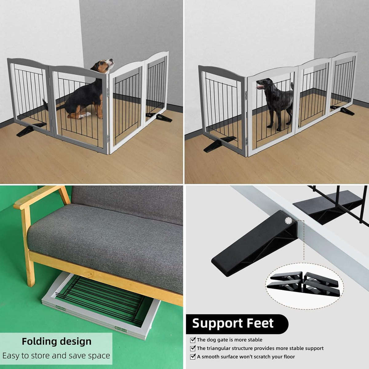 ZJSF Freestanding Dog Fence Indoor, Foldable Dog Gate for Doorways, Stairs or Hallways, Sturdy Wood Extra Wide Pet Gate with Support Feet for The House, Grey, 32 "Height-3 Panels
