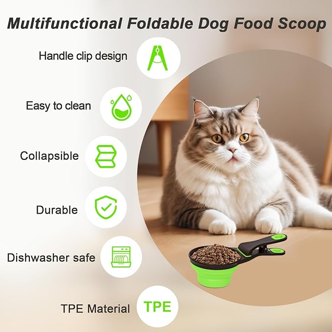 Collapsible Silicone Dog Food Scoop Foldable Pet Food Measuring Cup with Bag Clip 3 in 1 Multi-Function Silicone Dog Food Scooper (Green, Medium)