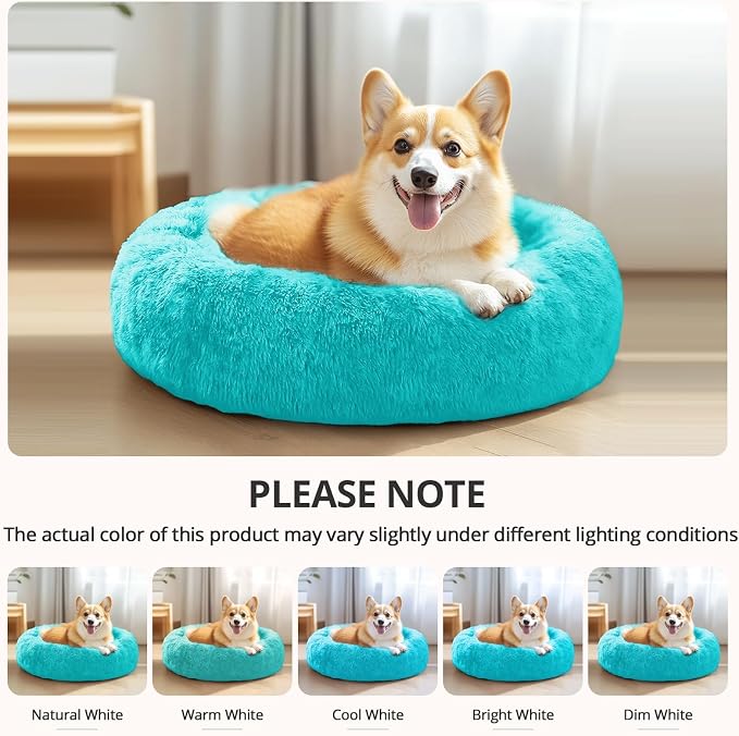 JOLLYVOGUE Calming Dog Bed for Small Dogs - 23 inches Donut Washable Small Dog Bed for Kittens & Puppies, Anti-Slip Round Fluffy Plush Faux Fur Cat Beds (Fits up to 25 lbs Pets, Aqua Blue)
