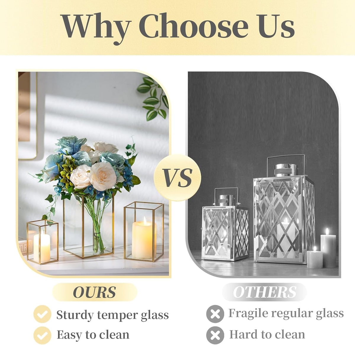 Glass Hurricane Candle Holder Large - Hewory 18pcs Gold Rectangle Flower Holders Centerpiece for Table, Tall Floor Square Pillar Candle Lantern for Wedding, Anniversary, Party, Fireplace, Dining Room