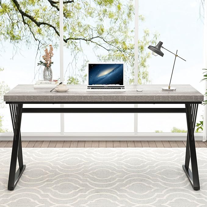 FOLUBAN Modern Desk, Rustic Wood and Metal Computer Desks for Home Office, Simple Study Writing Work Table for Bedroom Living Room, Light Grey, 60 Inch