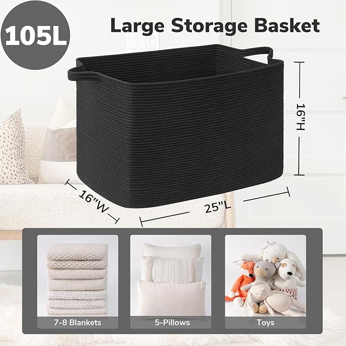 Goodpick Large Woven Storage Basket, 105L Extra Large Blanket Basket for Living Room, Bedroom, Rectangle Cotton Rope Organizer for Toy Storage, 25”x16”x16”, Black