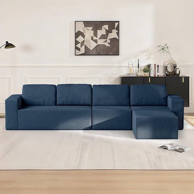 136" Modular Sectional Couch Left/Right Facing Convertible, L-Shape Modern Teddy Sofa, Deep Seat Upholstered Foam Couch for Living Room Bedroom, No Assembly Required (Blue, Teddy Boucle)