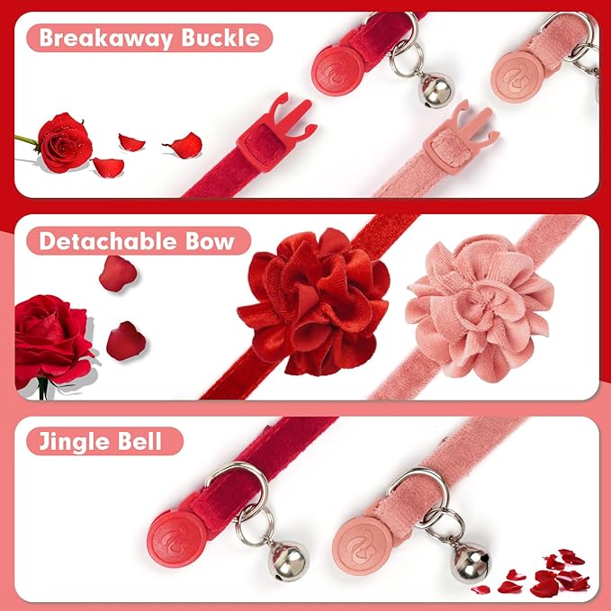 azuza 2 Pack Cat Collar Floral with Bell and Removable Flower Bowtie Breakaway Adjustable Velvet Fabric Cat Collar for Pets and Daily Decoration，Wine Red & Rose Pink