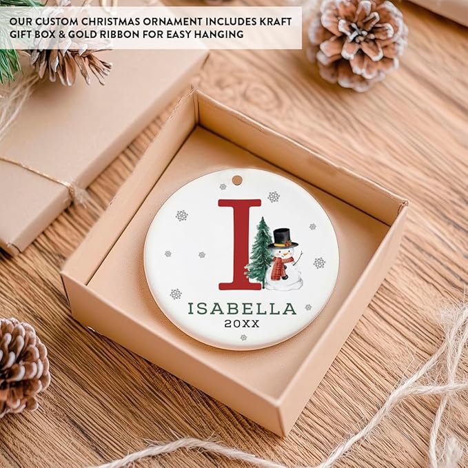 Andaz Press Personalized Ornament, Custom Name, Initial I Monogram Snowman 2.8" Ceramic Porcelain 2025 Christmas Ornament Keepsake for Kids, Boys, Girls, Includes Gold Ribbon & Gift Box, 1-Pack