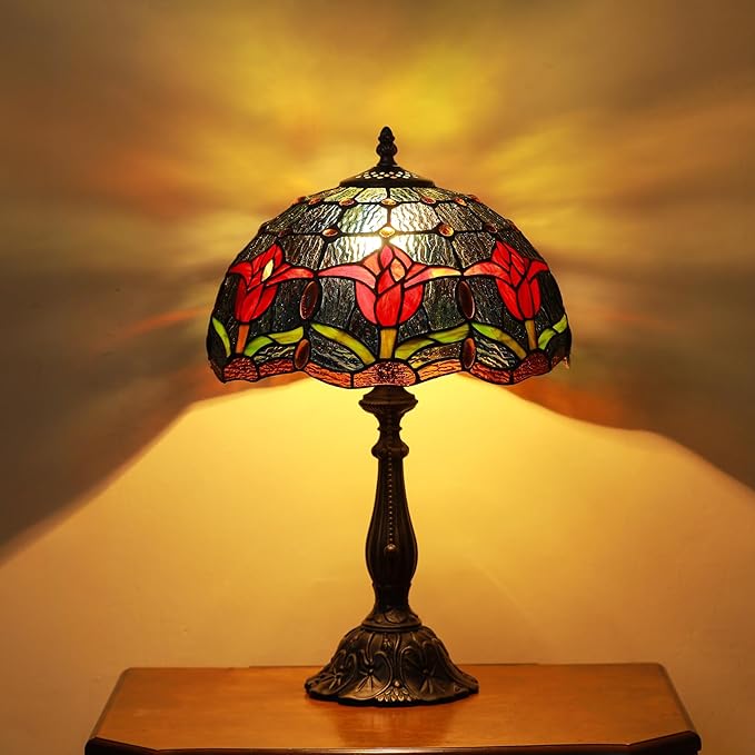 Tiffany Lamps Red Tulip Style Stained Glass Table Lamp Desk Bedside Reading Light 12X12X18.5 Inches with Bronze Resin Base Applicable to Bedroom Living Room Office