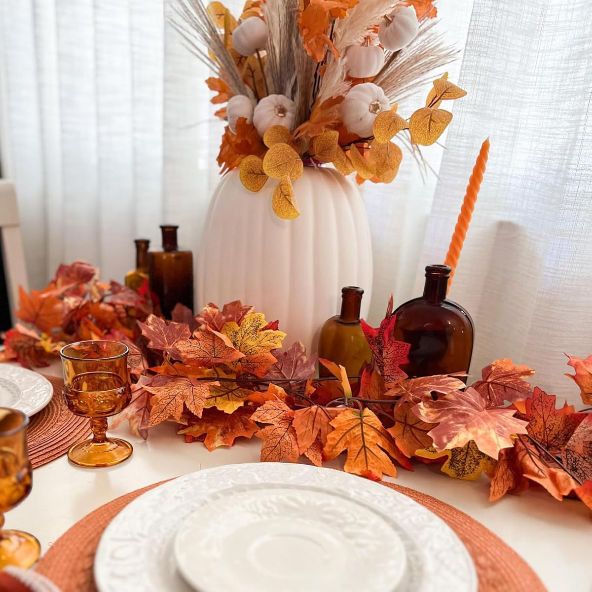 CQURE 10 Pack Fall Leaf Garland, Hanging Vines Garland Artificial Fall Maple LeavesThanksgiving Decor for Home Wedding Fireplace Christmas