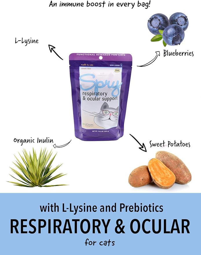 In Clover Spry Daily Respiratory and Ocular Support Soft Chews for Cats, with L-Lysine, Superfoods, and Prebiotics for a Strong Immune System, 2.1 oz. (60 count)