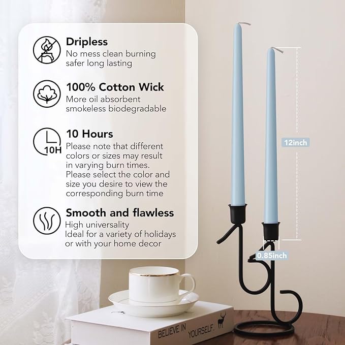 New Burning Formula Unscented Dripless 12-Inch Taper Candles Set of 12 - Baby Blue, for Wedding, Dinner - Smokeless, Long Burning - Hand Poured, Colored Tall Candlesticks - Azul Bebé