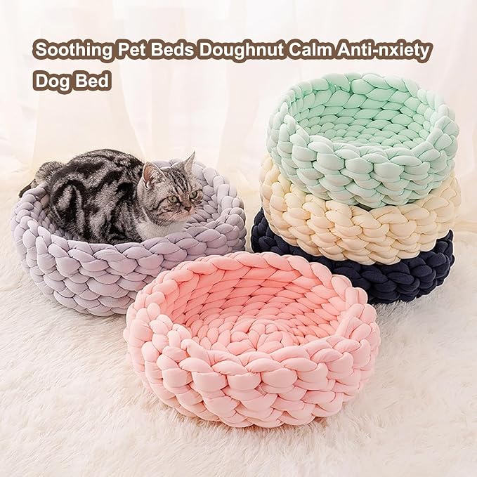 Woven Dog Bed Basket, Knitted Cotton Cat Bed Round Washable Woven Cat Pet Bed Chunky Dog Basket, Orthopedic, Chunky Knit Dog Nest,Dog Bed,Dog Cave,Dog Bedding(Pink,21")