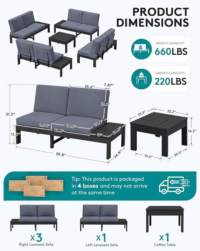 SERWALL HDPE Patio Furniture Set, All-Weather Modular Outdoor Conversation Furniture, Seats 8, Outdoor Sofa Set for Garden, Deck or Poolside, Black Frame with Grey Cushion