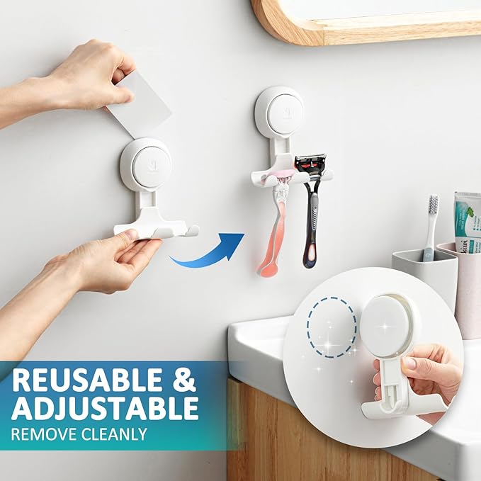 TAILI Suction Cup Razor Holder in Shower 2 Pack, Towel, Loofah, Shaver Holder for Bathroom Wall, Powerful Suction Cup Shower Hooks, Easy to Install and Reuse, White