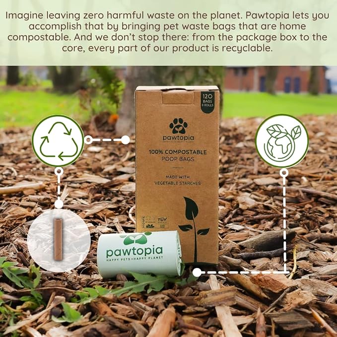 Pawtria Certified Home Compostable Dog Poop Bags (120), Poop Bags for Dogs, Cat Litter, Vegetable Starches, Dog Waste Bags, Leakproof, Easy to Open, Give Back
