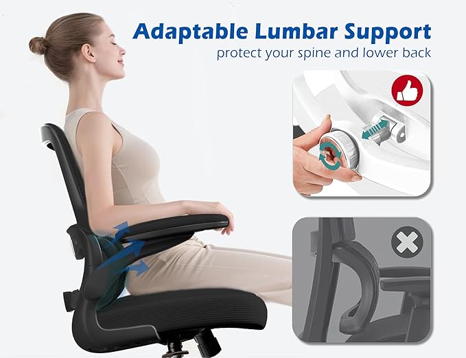 TRALT Ergonomic Office Chair - Desk Chair with Adjustable Lumbar Support Computer Chair - Mesh Comfy Chair with Flip-up Armrests - Gaming Chairs for Adults Home Office (Leather, Black)