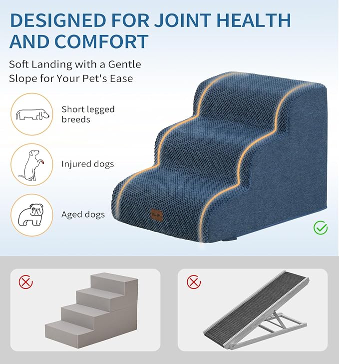 Made4Pets Dog Stairs Ramp for Small Dogs 15.7" H, 3-Step Dog Steps for Bed Couch Sofa and Chair, 35D Foam Pet Steps for Small Dogs and Cats, Non-Slip Bottom Pet Stairs, Navy