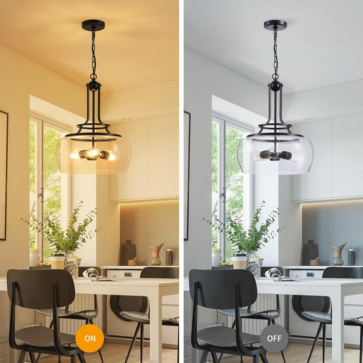WUZUPS Chandelier Rustic Farmhouse Industrial Round Ceiling Pendant LED Light Fixture Clear Seeded Glass Shade for Dining Room Kitchen Island Foyer Entryway, H 20.9" x W 15.9", Black