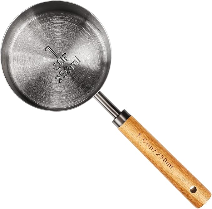 Measuring Cup with Wooden Handle, 1 Cup Titanium-plating 250 Ml Stainless Steel, Space Gray