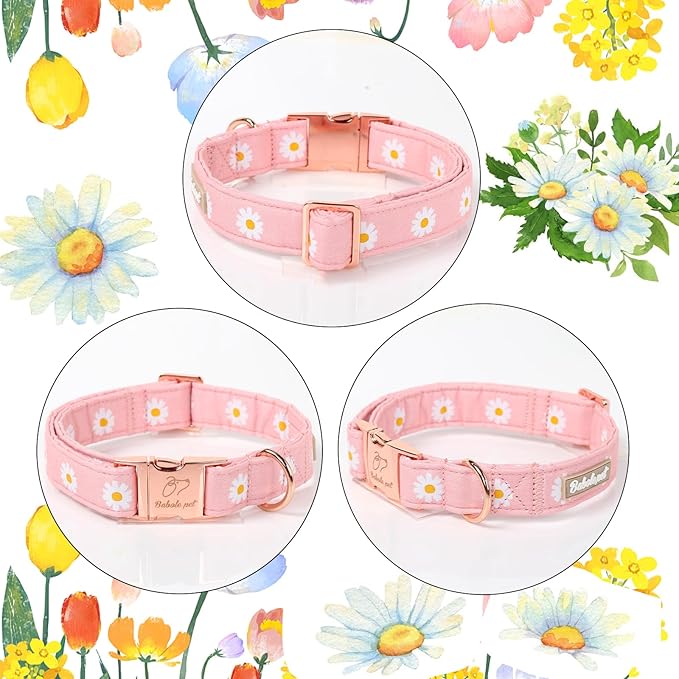 Spring Dog Collar, Cute Pink Daisy Femal Pet Collar with Metal Buckel, Durable Adjustable Designer Dog Collars for Small Medium Large Dogs M
