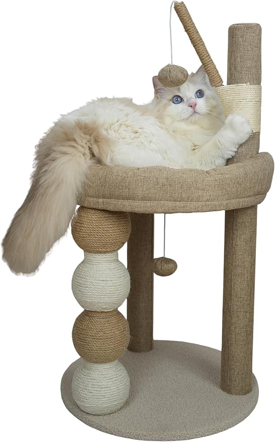 30-in Small Cat Tree Tower with Sisal Scratching Posts, Padded Platform, Dangling Toy - Perfect Small Cat Tower for Indoor Cats - Beige