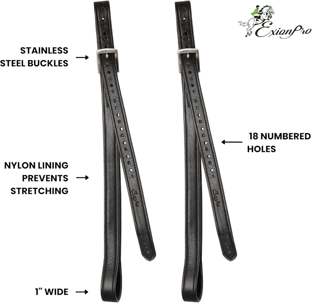 Exion FlexiStrong Stirrup Leathers for English Saddles – 1" Premium Calfskin with Nylon Core – Numbered Holes, Stainless Steel Buckles – Black/Brown – Horse Riding Gear (48"/120cm to 62"/155cm)